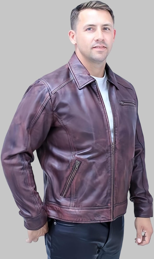 Men Burgundy Distressed Leather Jacket 1950s Vintage Style