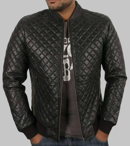 Mens Black Sheepskin Leather Quilted Motorcycle Jacket
