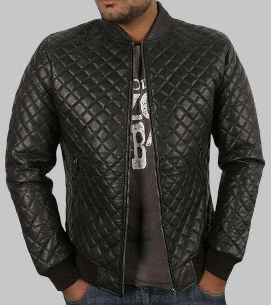 Mens Black Sheepskin Leather Quilted Motorcycle Jacket
