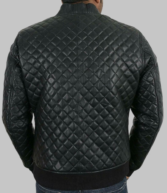 Mens Black Sheepskin Leather Quilted Motorcycle Jacket