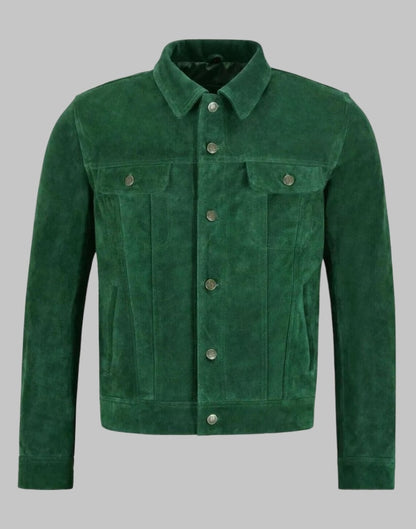 Men Green Suede Leather Retro Western Cowboy Trucker Jacket