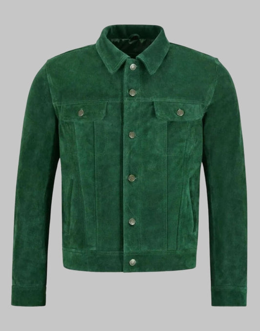 Men Green Suede Leather Retro Western Cowboy Trucker Jacket