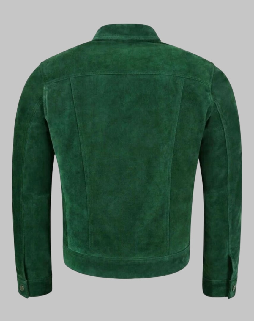 Men Green Suede Leather Retro Western Cowboy Trucker Jacket