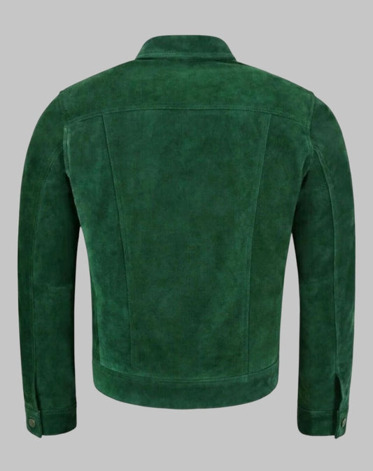 Men Green Suede Leather Retro Western Cowboy Trucker Jacket