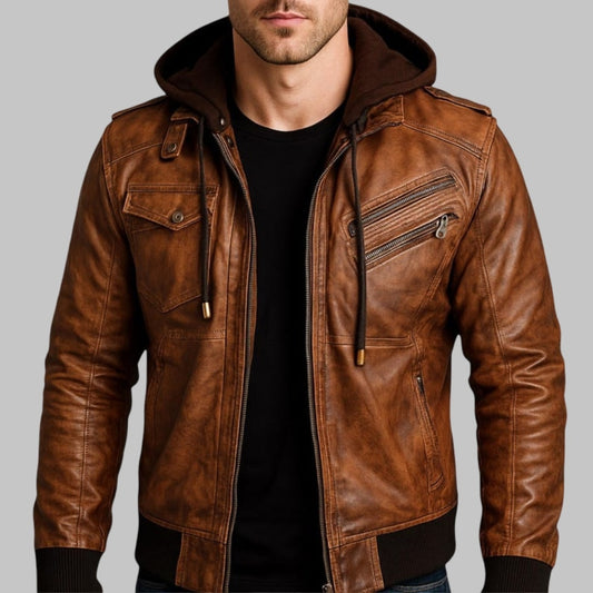 Couple Brown Real Leather Biker Jacket with Removable Hood