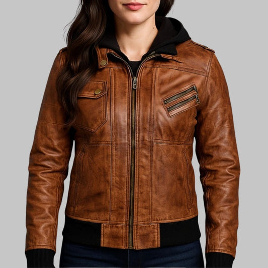 Couple Brown Real Leather Biker Jacket with Removable Hood