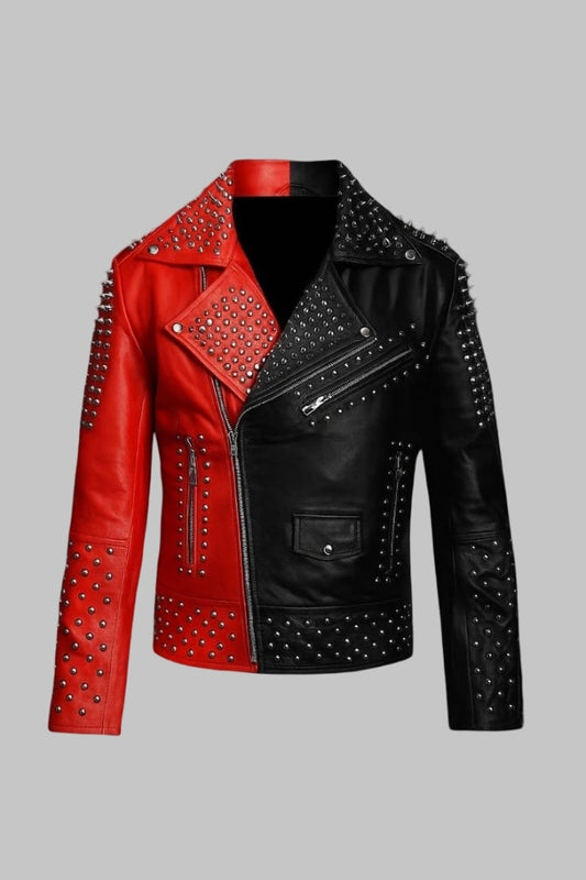 Red and Black Studded Spiked Leather Punk Biker Jacket