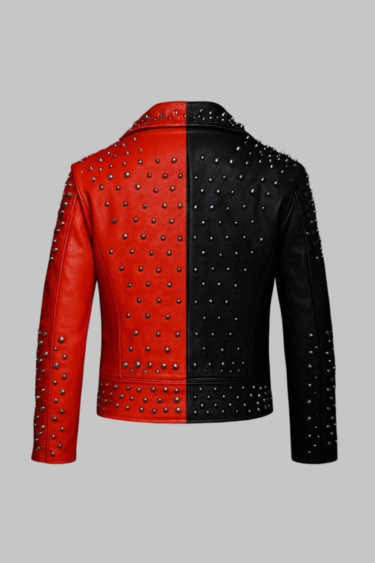 Red and Black Studded Spiked Leather Punk Biker Jacket