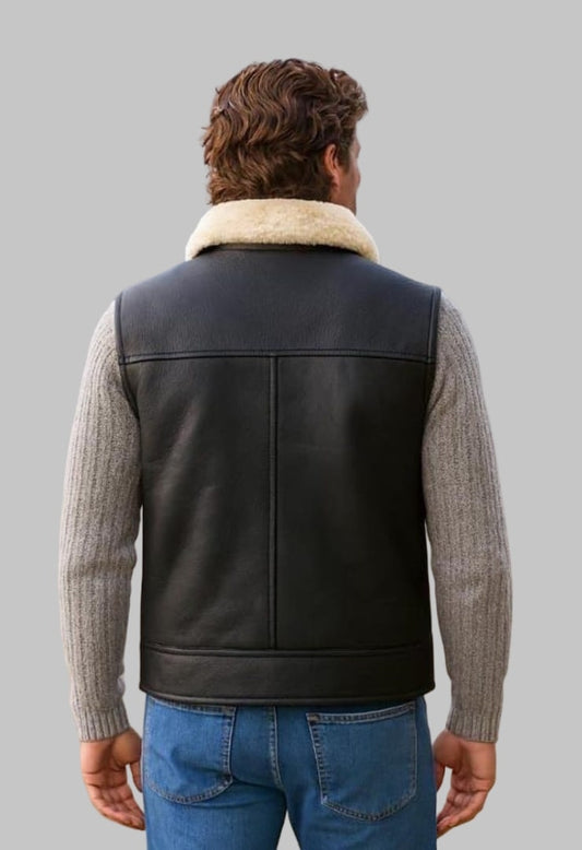 Men Sheepskin Leather Shearling Fur Gilet Vest