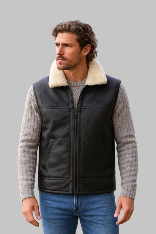 Men Sheepskin Leather Shearling Fur Gilet Vest