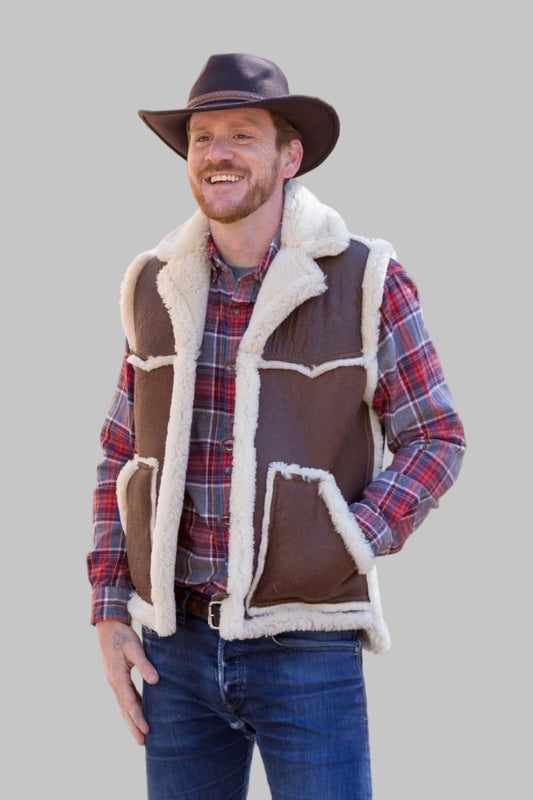 Men Sheepskin Leather Shearling Vest Genuine Fur Gilet