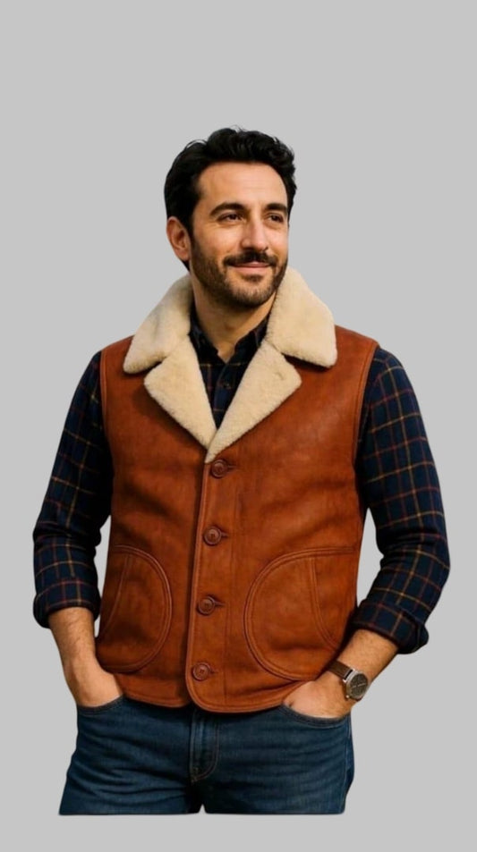 Men Brown Sheepskin Leather Shearling Fur Gilet Vest