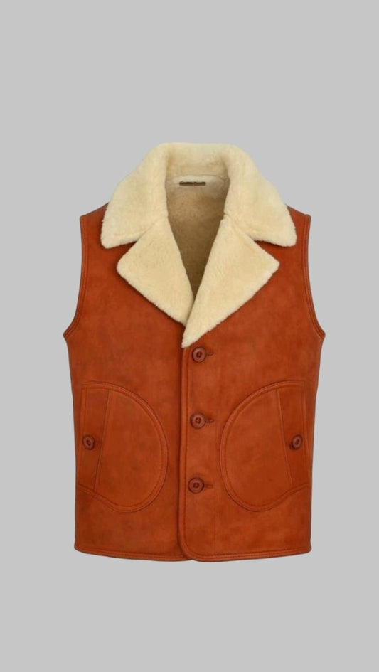Men Brown Sheepskin Leather Shearling Fur Gilet Vest