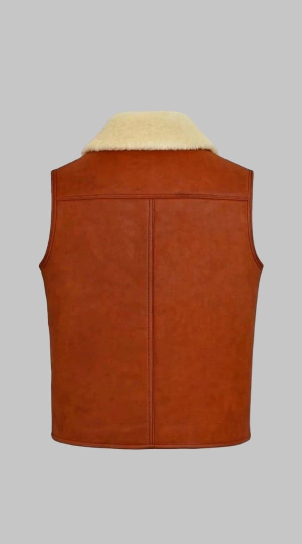 Men Brown Sheepskin Leather Shearling Fur Gilet Vest