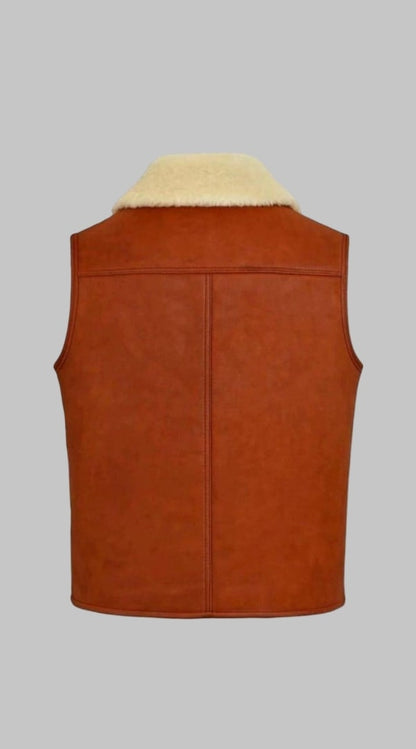 Men Brown Sheepskin Leather Shearling Fur Gilet Vest