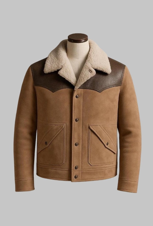 Men Brown Sheepskin Leather Jacket with Real Shearling Fur Lining