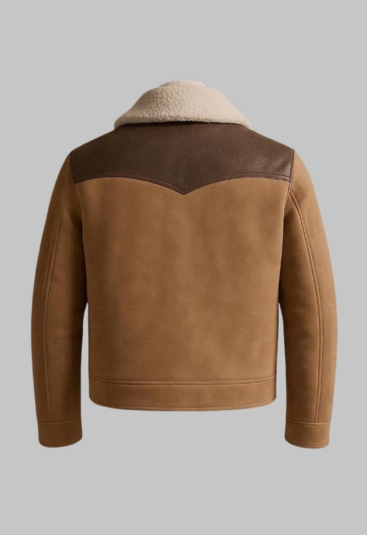 Men Brown Sheepskin Leather Jacket with Real Shearling Fur Lining