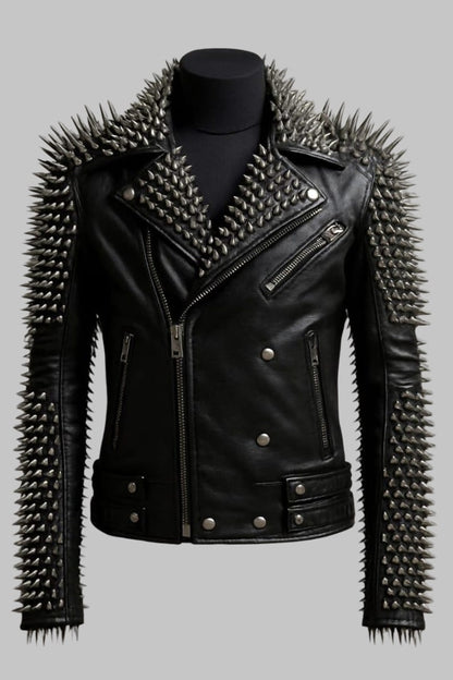Spiked Black Leather Biker Jacket Handmade Punk Rock Moto Coat