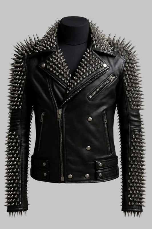 Spiked Black Leather Biker Jacket Handmade Punk Rock Moto Coat