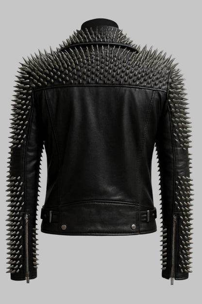Spiked Black Leather Biker Jacket Handmade Punk Rock Moto Coat
