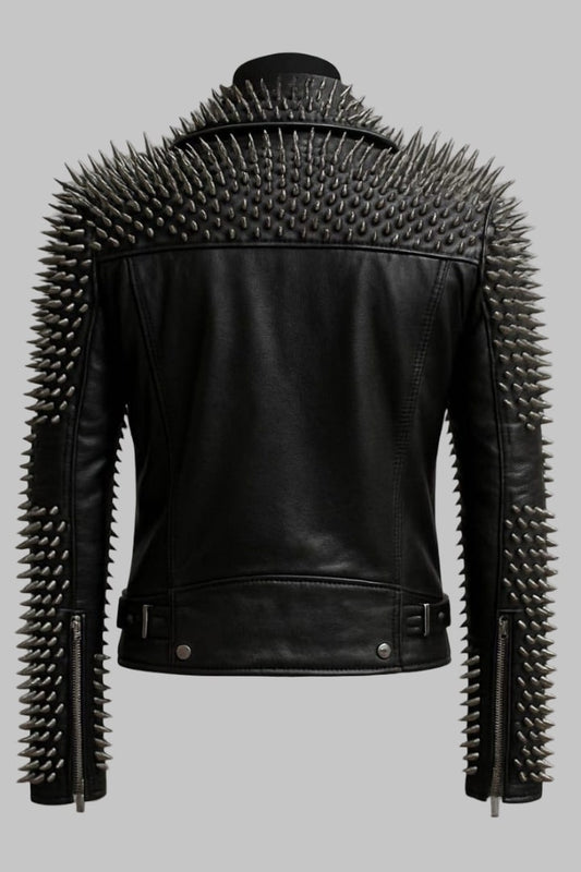 Spiked Black Leather Biker Jacket Handmade Punk Rock Moto Coat