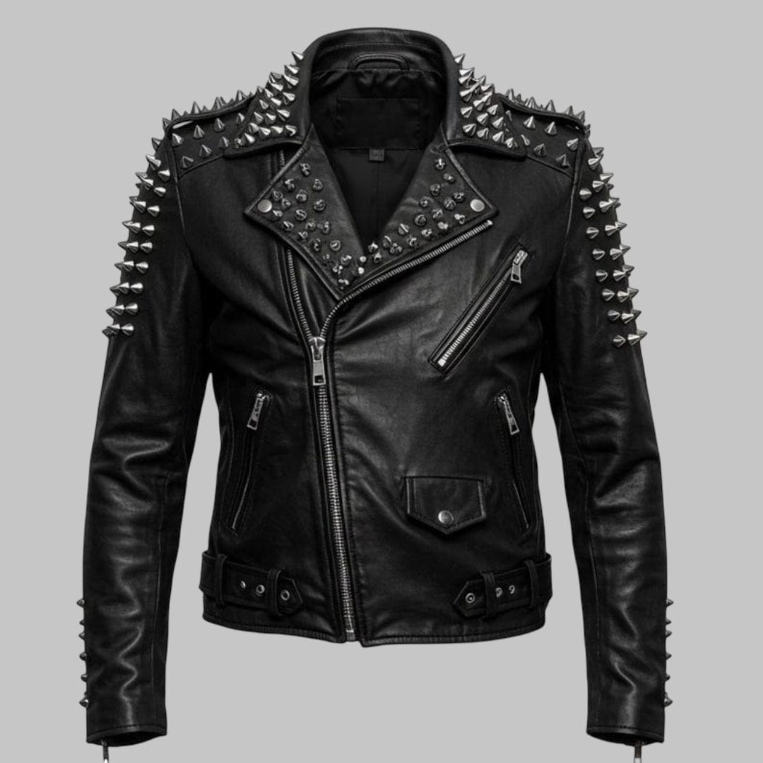 Men’s Studded Leather Biker Jacket Punk Rock Spiked Moto Coat