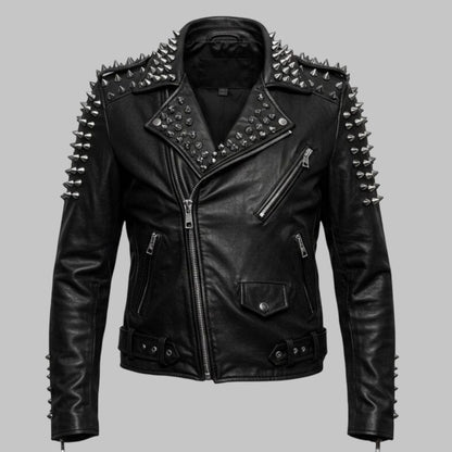 Men’s Studded Leather Biker Jacket Punk Rock Spiked Moto Coat