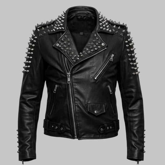 Men’s Studded Leather Biker Jacket Punk Rock Spiked Moto Coat