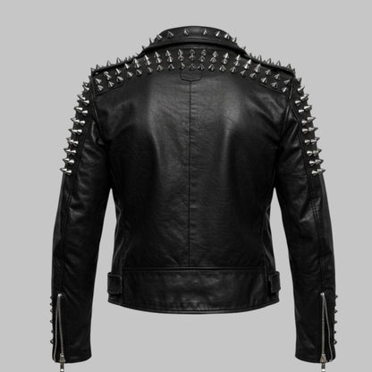 Men’s Studded Leather Biker Jacket Punk Rock Spiked Moto Coat