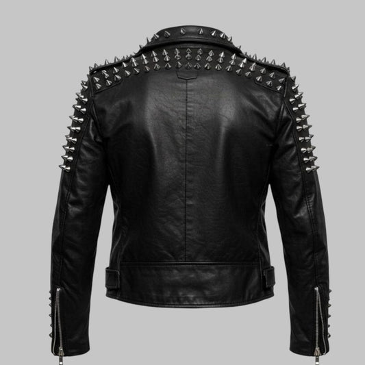 Men’s Studded Leather Biker Jacket Punk Rock Spiked Moto Coat