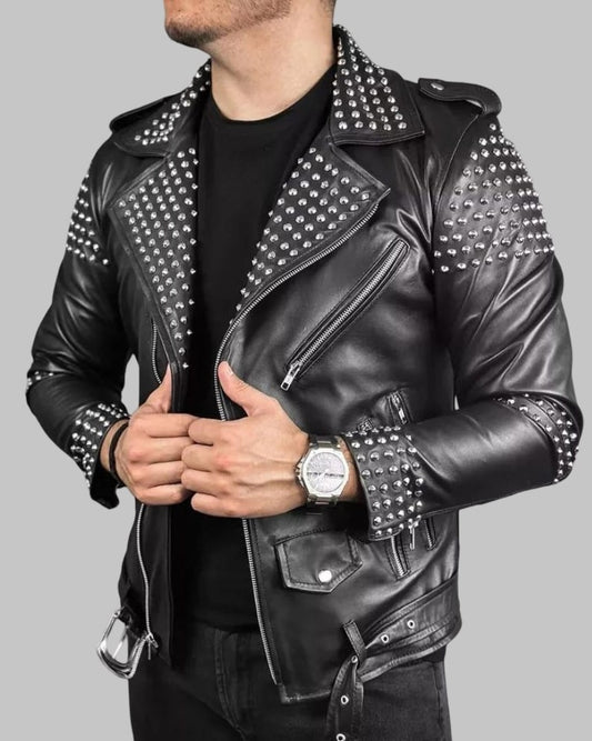 Studded Leather Biker Jacket Men’s Genuine Cowhide Motorcycle Coat