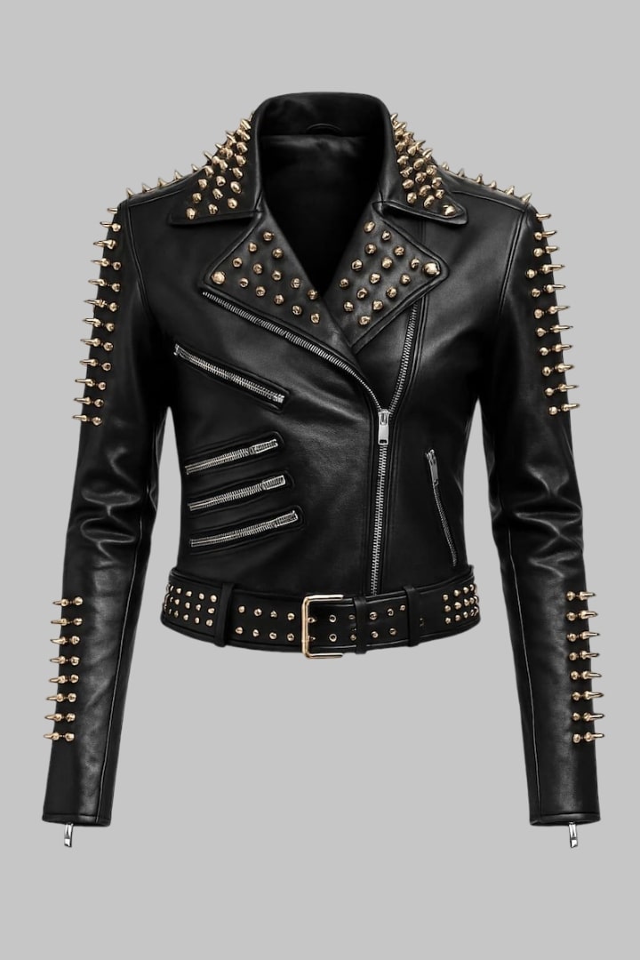 Women’s Black Studded Leather Biker Jacket Handmade Punk Rock Moto Style