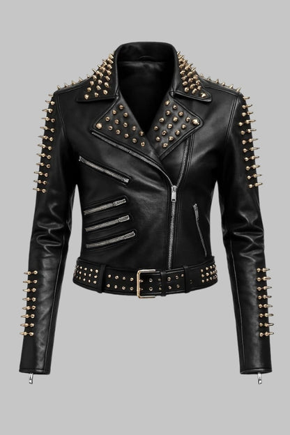 Women’s Black Studded Leather Biker Jacket Handmade Punk Rock Moto Style