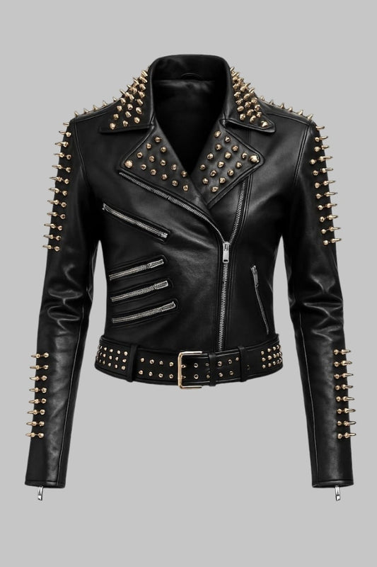 Women’s Black Studded Leather Biker Jacket Handmade Punk Rock Moto Style