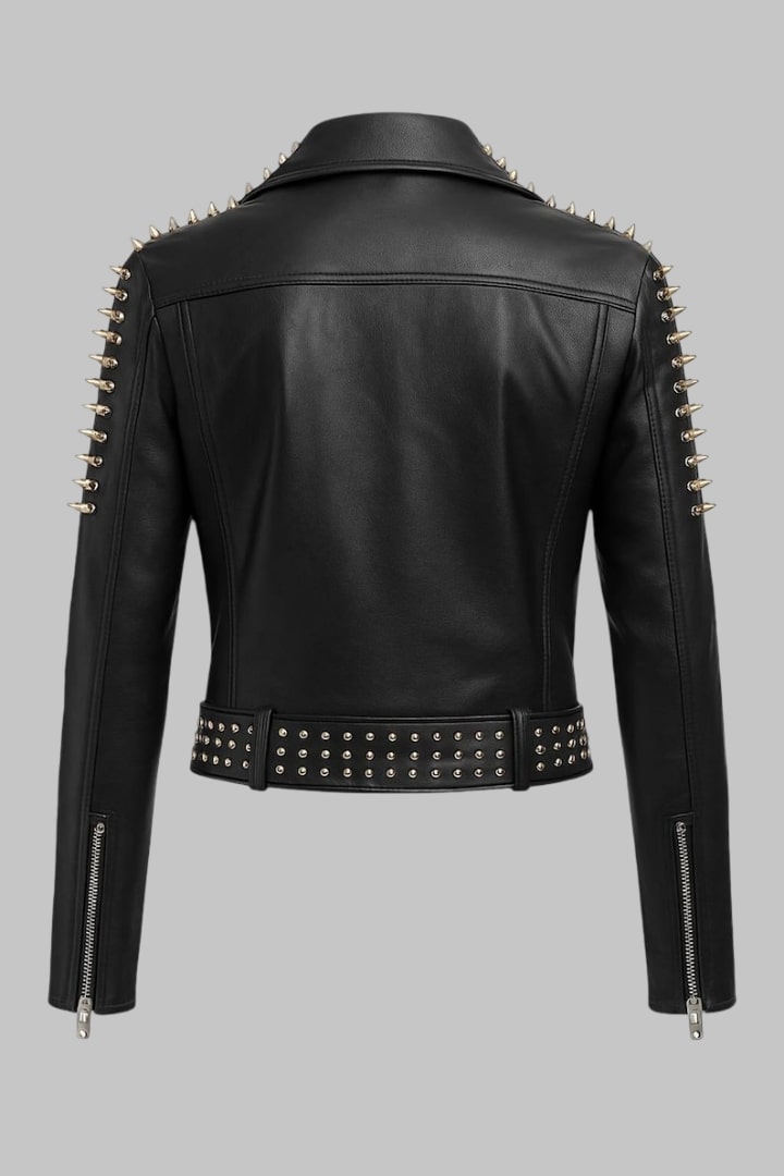 Women’s Black Studded Leather Biker Jacket Handmade Punk Rock Moto Style