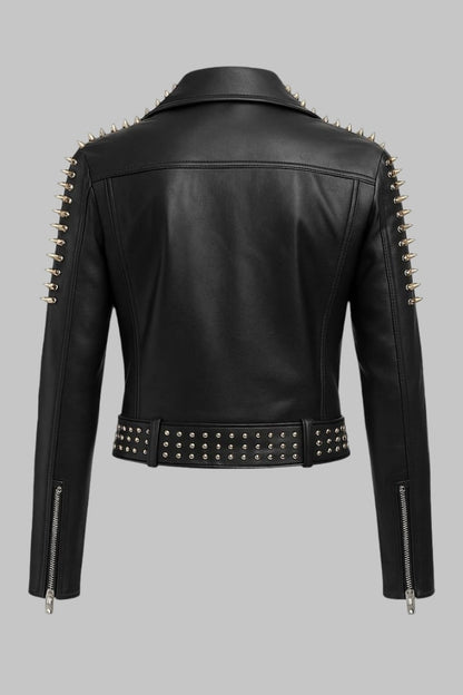 Women’s Black Studded Leather Biker Jacket Handmade Punk Rock Moto Style