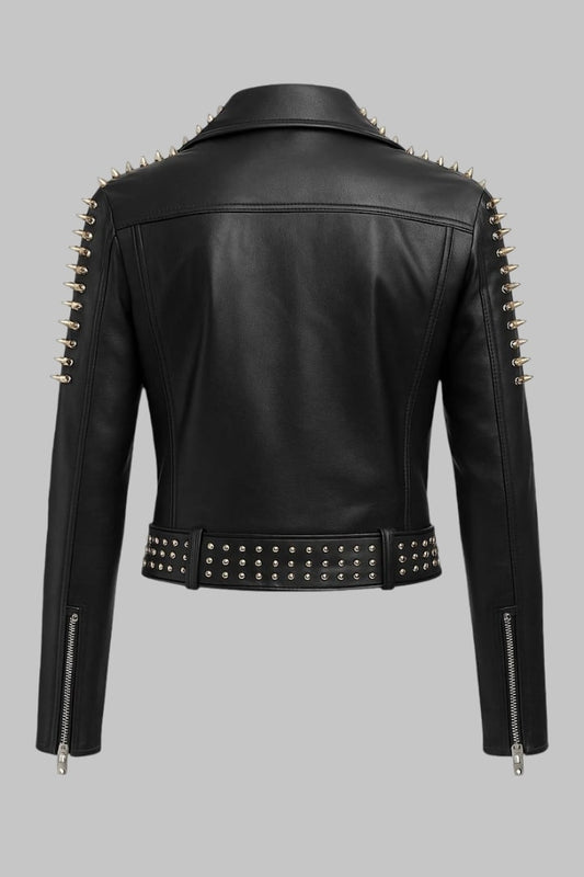 Women’s Black Studded Leather Biker Jacket Handmade Punk Rock Moto Style