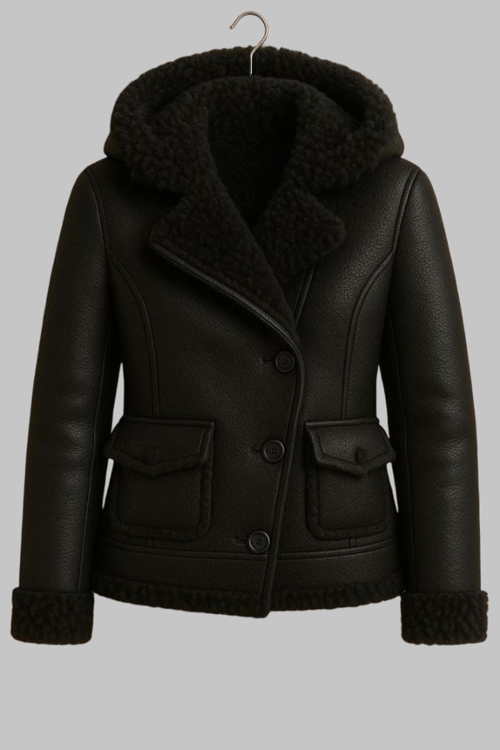 Women Black Hooded Sheepskin Leather Bomber Jacket