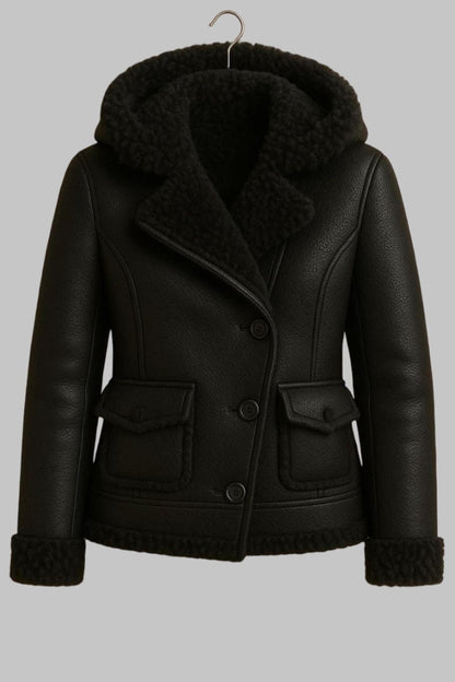 Women Black Hooded Sheepskin Leather Bomber Jacket