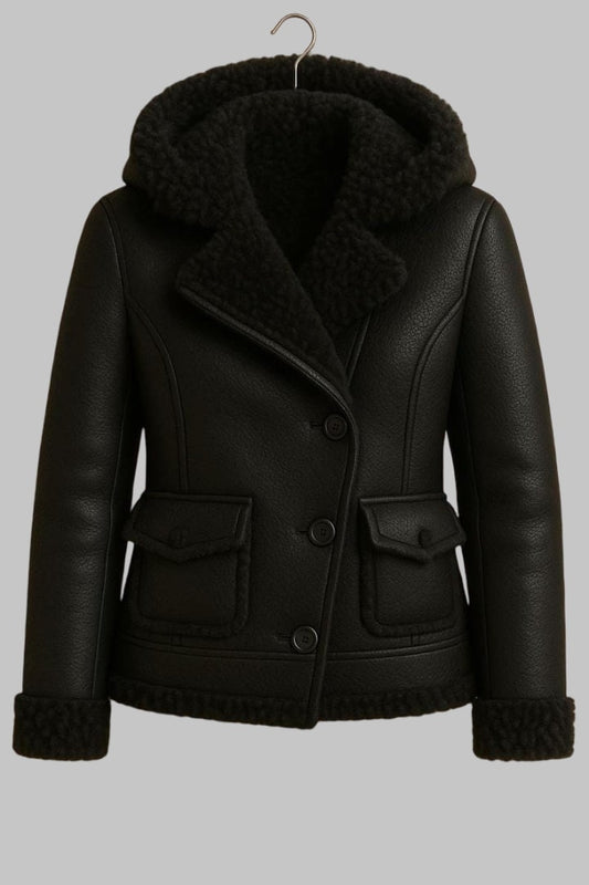 Women Black Hooded Sheepskin Leather Bomber Jacket