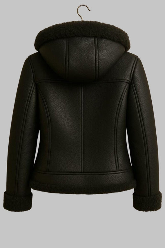 Women Black Hooded Sheepskin Leather Bomber Jacket
