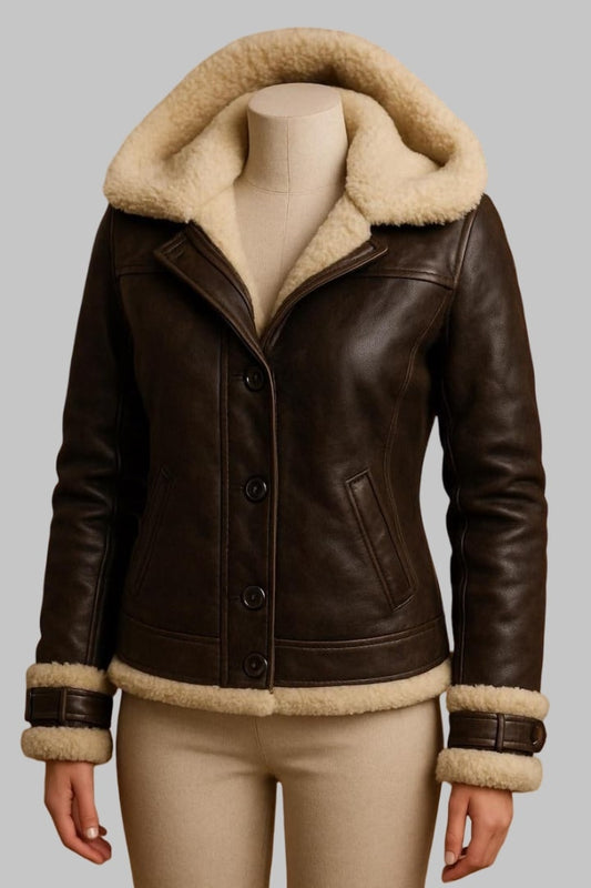 Women Shearling Fur Lined Leather Bomber Jacket