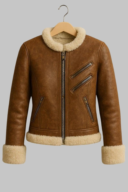 Genuine Leather Shearling Bomber Jacket for Women