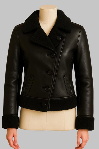 Handmade Black Shearling B3 Leather Bomber Jacket for Women