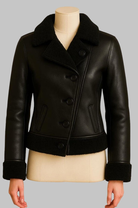 Handmade Black Shearling B3 Leather Bomber Jacket for Women