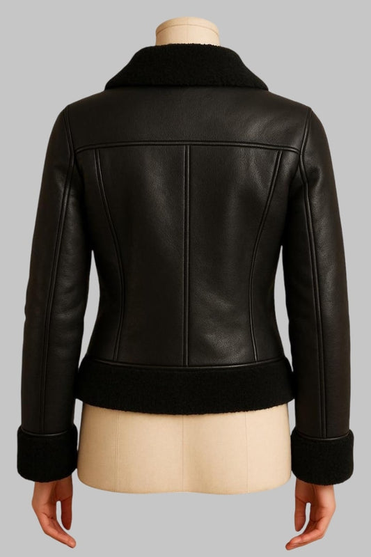 Handmade Black Shearling B3 Leather Bomber Jacket for Women