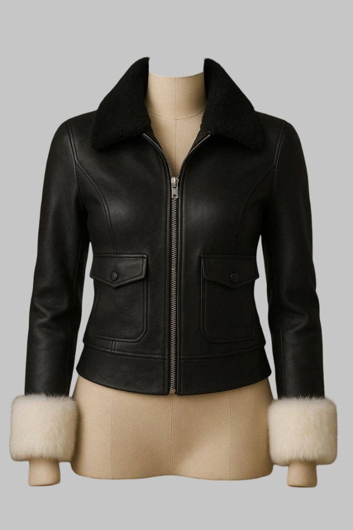 Handmade Black Sheepskin Shearling Leather Bomber Jacket for Women