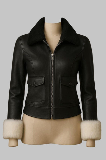 Handmade Black Sheepskin Shearling Leather Bomber Jacket for Women