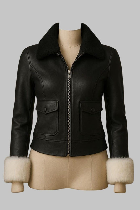 Handmade Black Sheepskin Shearling Leather Bomber Jacket for Women