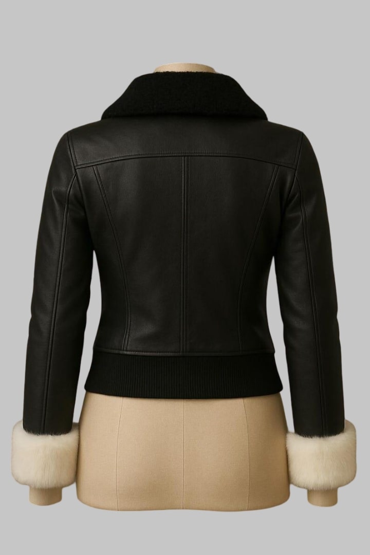 Handmade Black Sheepskin Shearling Leather Bomber Jacket for Women